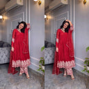 Red Aliya Cut Gown with Plazzo & Dupatta - Chikankari official