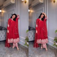 Red Aliya Cut Gown with Plazzo & Dupatta - Chikankari official