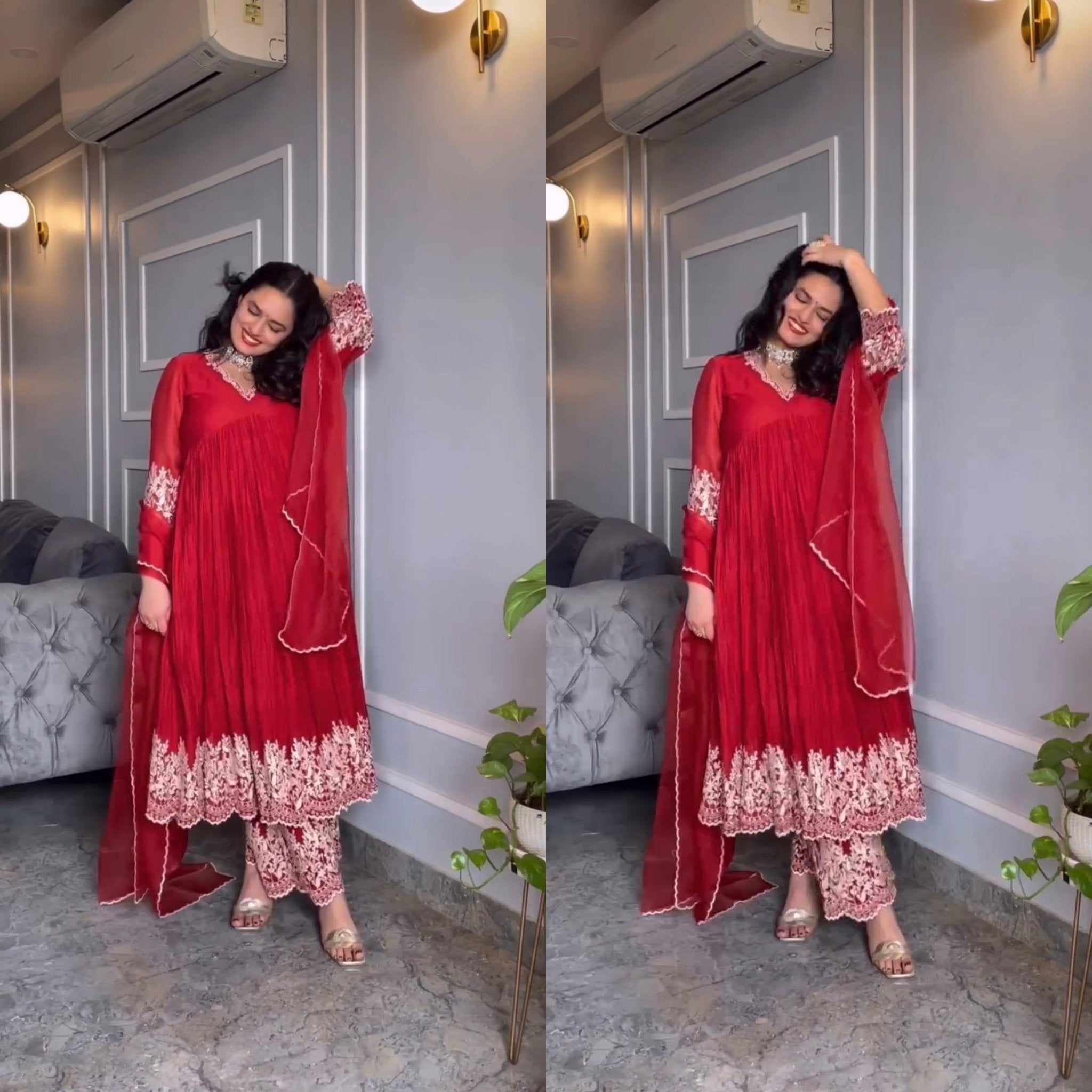 Red Aliya Cut Gown with Plazzo & Dupatta - Chikankari official