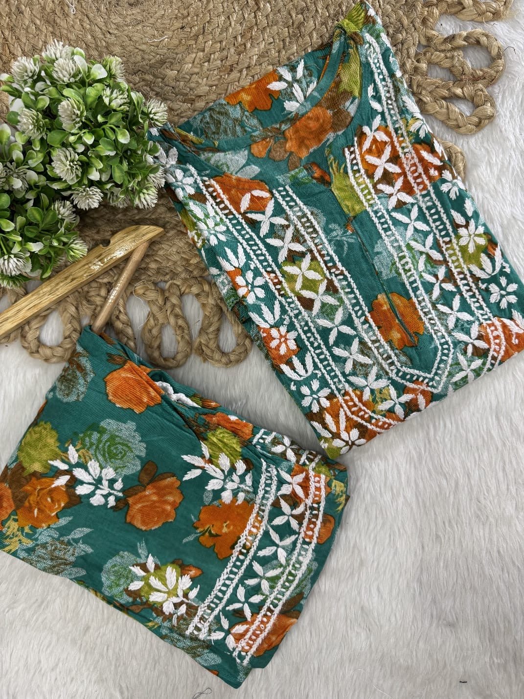 reyon printed A New Concept In reyon kurti with pant Set - Chikankari official