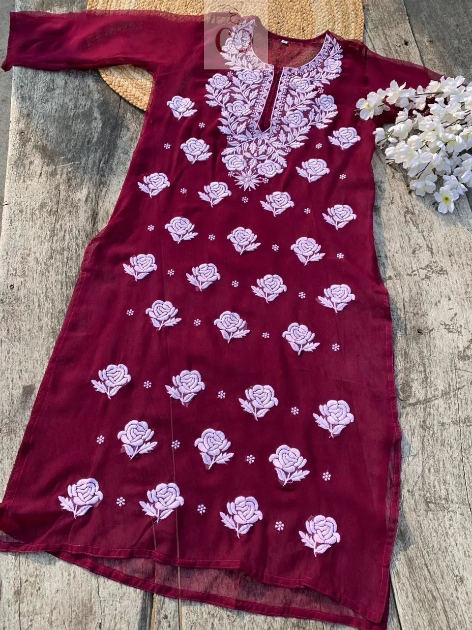 Rose keel Beautiful Georgette Kurtis - Chikankari official