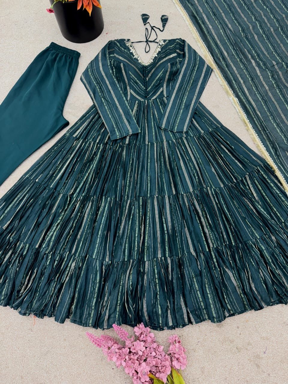 Ruffle Gown Fully Stiched 3pc Set - Chikankari official