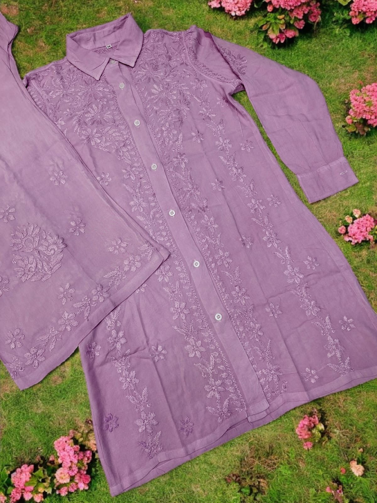 Shirt Style rayon co - ord - Chikankari official