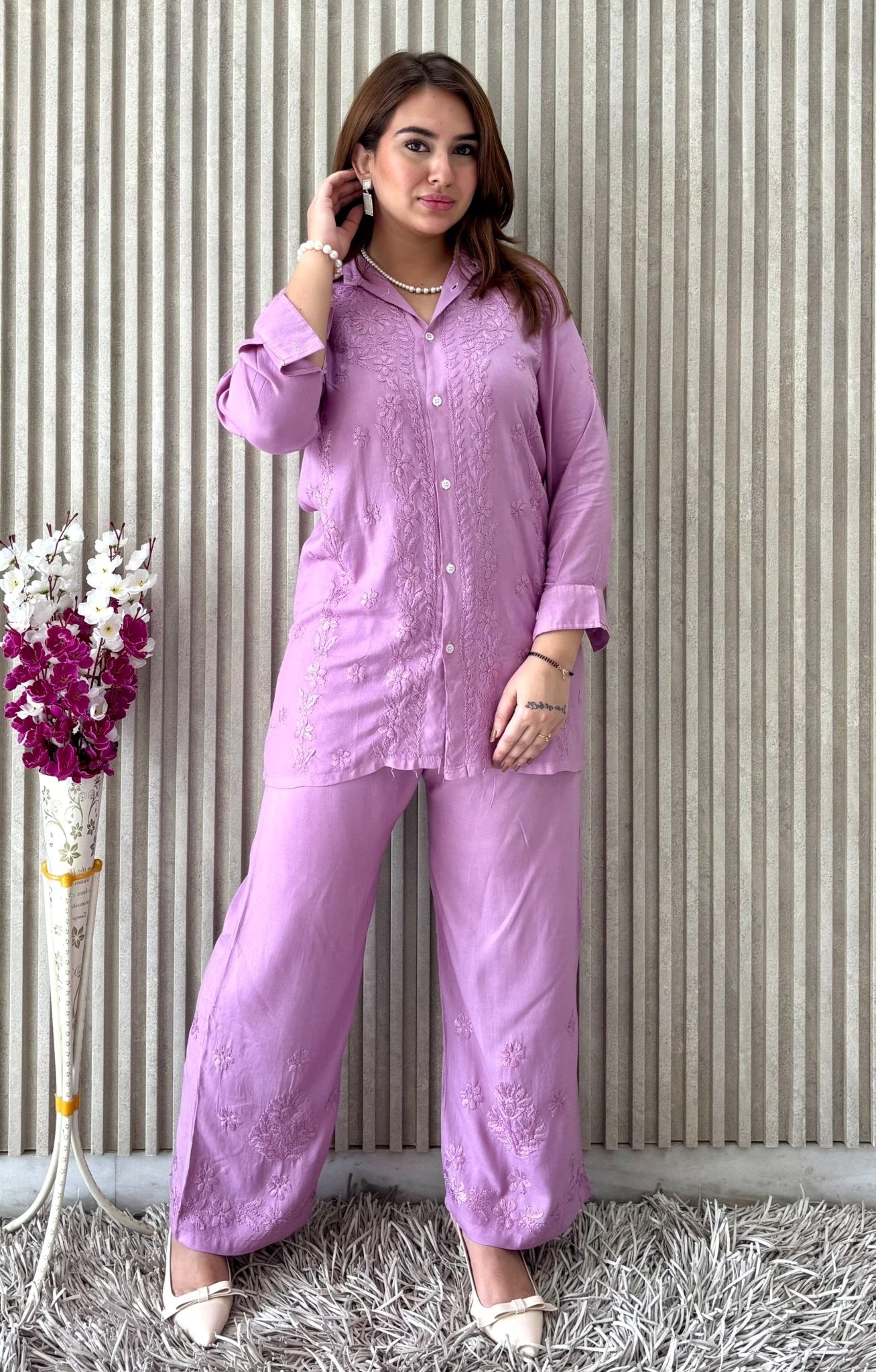 Shirt Style rayon co - ord - Chikankari official