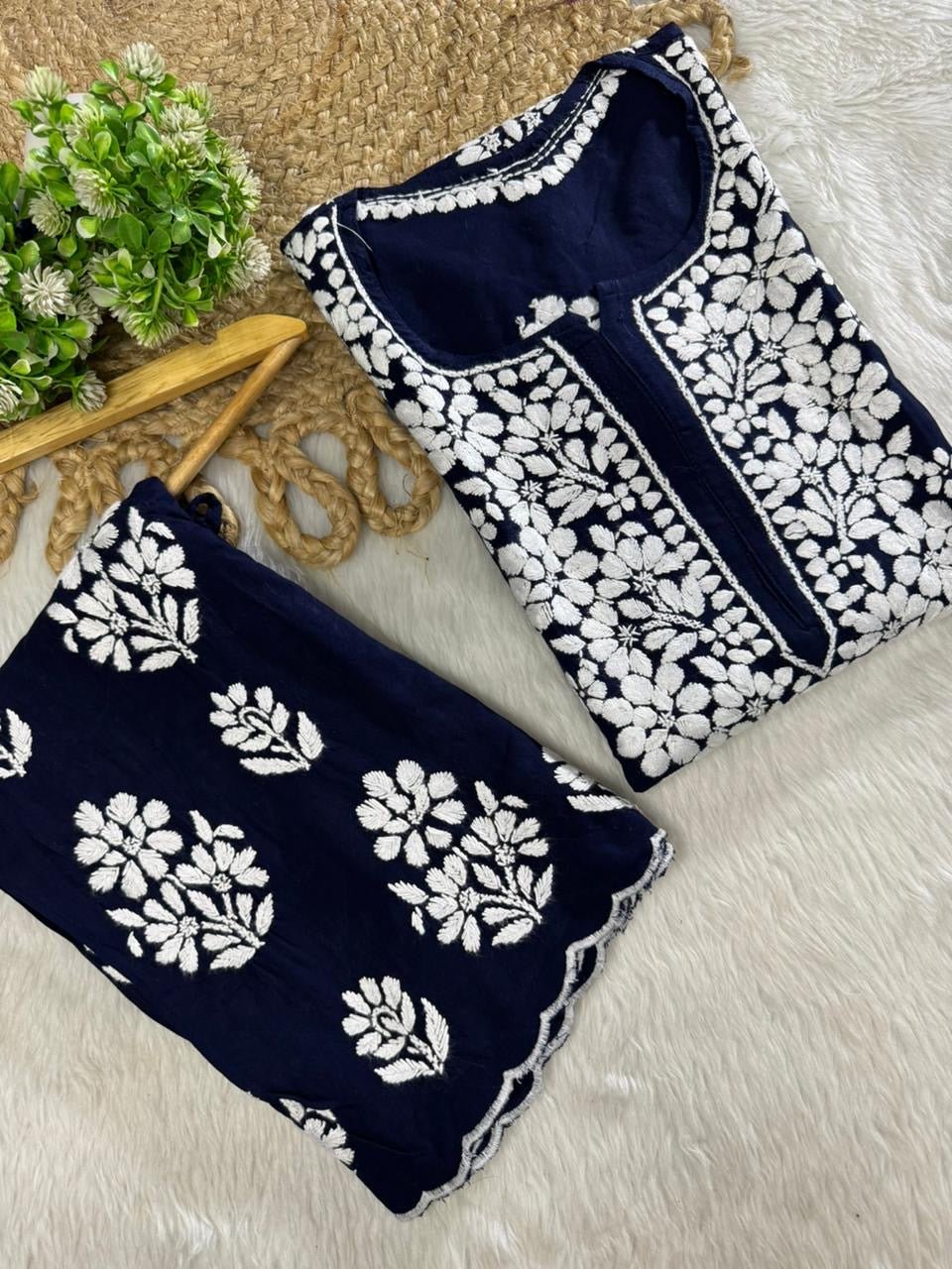 Side Border Cut work Rayon 2pc Set plus size - Chikankari official