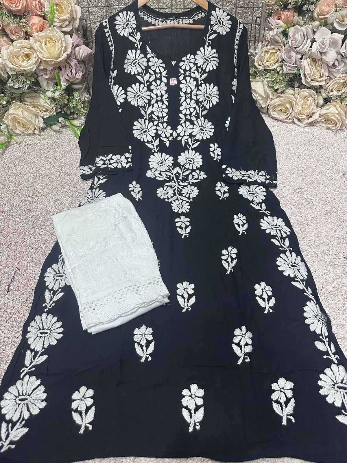 Side rose Bell Modal Kurta - Chikankari official