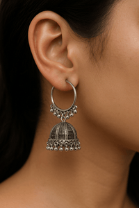 Silver Ethnic Hoop Jhumka - Chikankari official