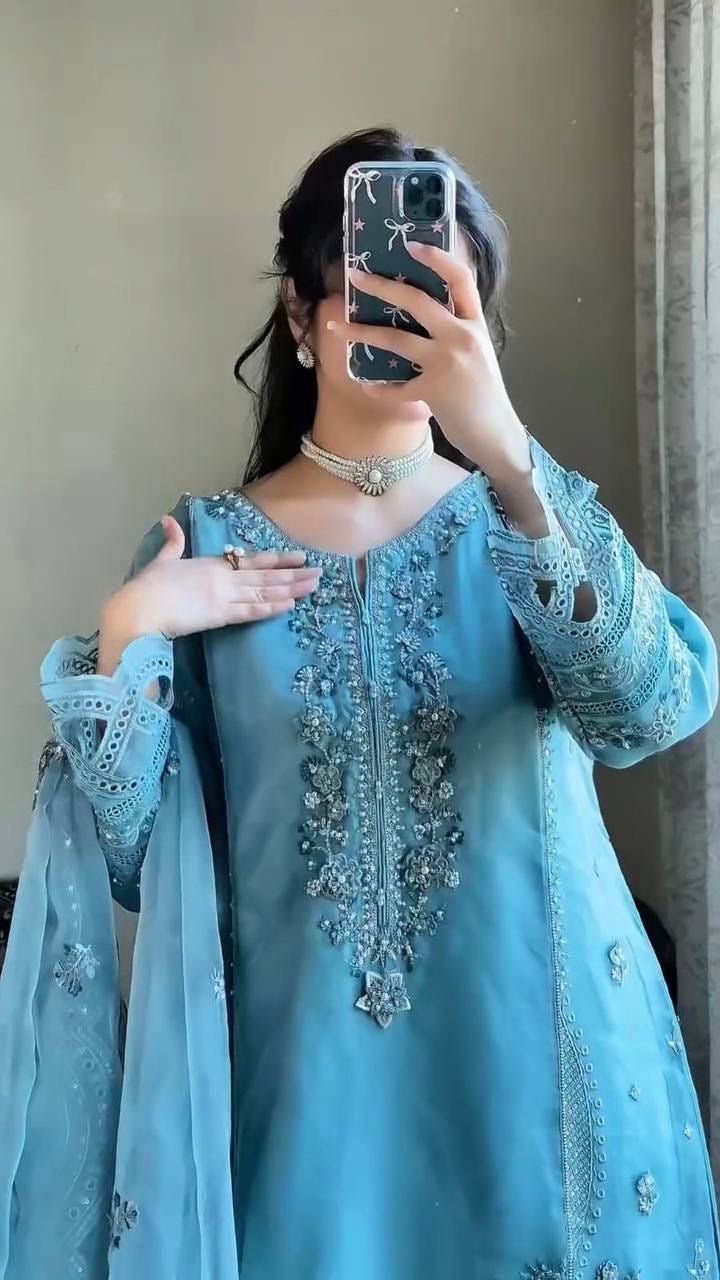 Sky Blue party Wear 3pc Set - Chikankari official