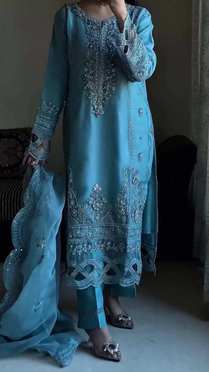 Sky Blue party Wear 3pc Set - Chikankari official