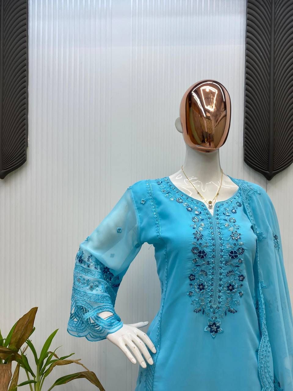 Sky Blue party Wear 3pc Set - Chikankari official
