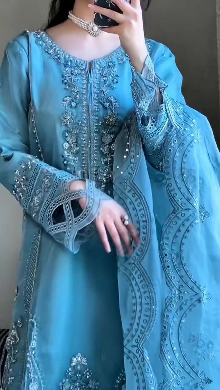 Sky Blue party Wear 3pc Set - Chikankari official