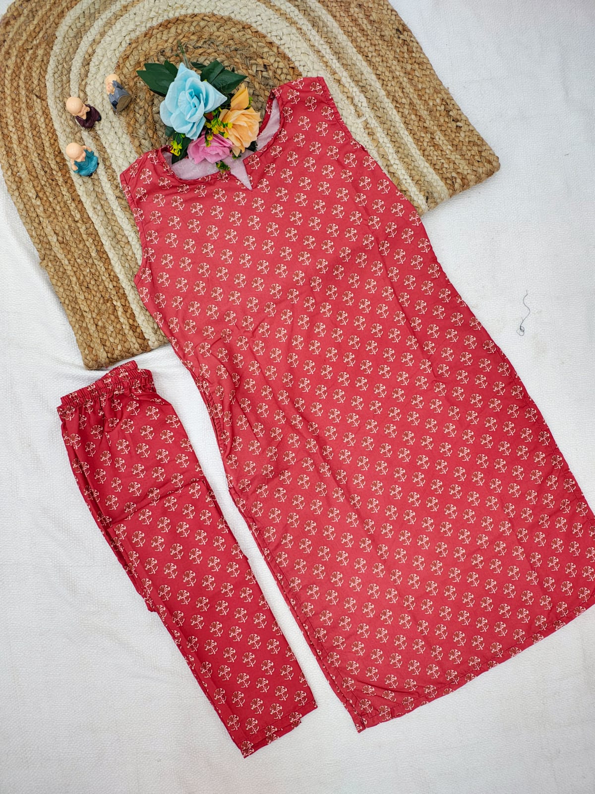 Sleeveless Cotton Printed Kurta with Matching Pants - Chikankari official