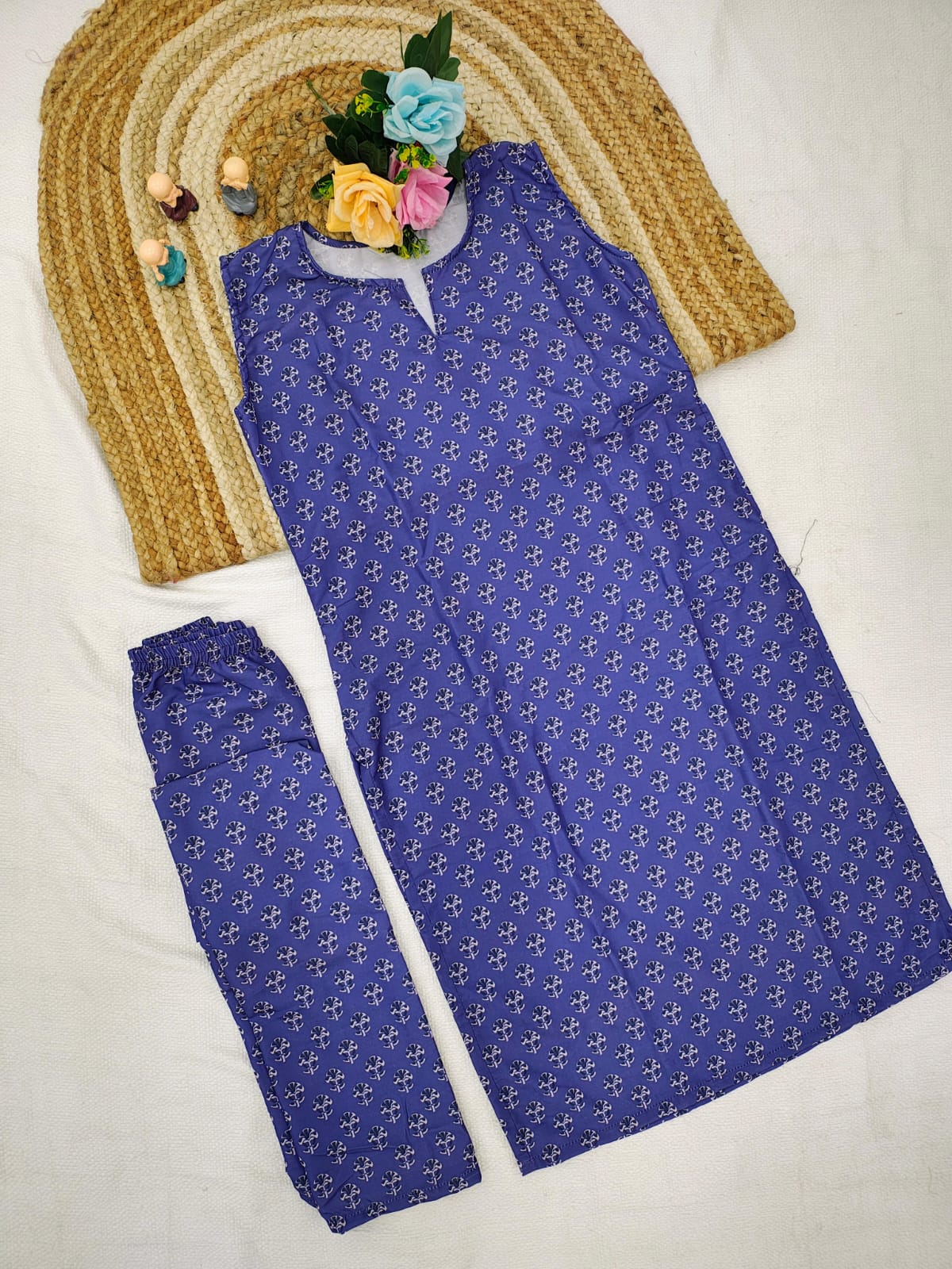 Sleeveless Cotton Printed Kurta with Matching Pants - Chikankari official