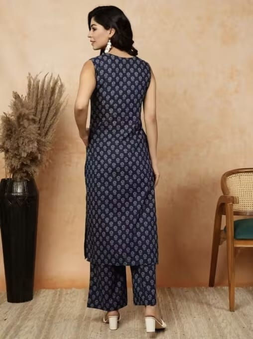 Sleeveless Cotton Printed Kurta with Matching Pants - Chikankari official