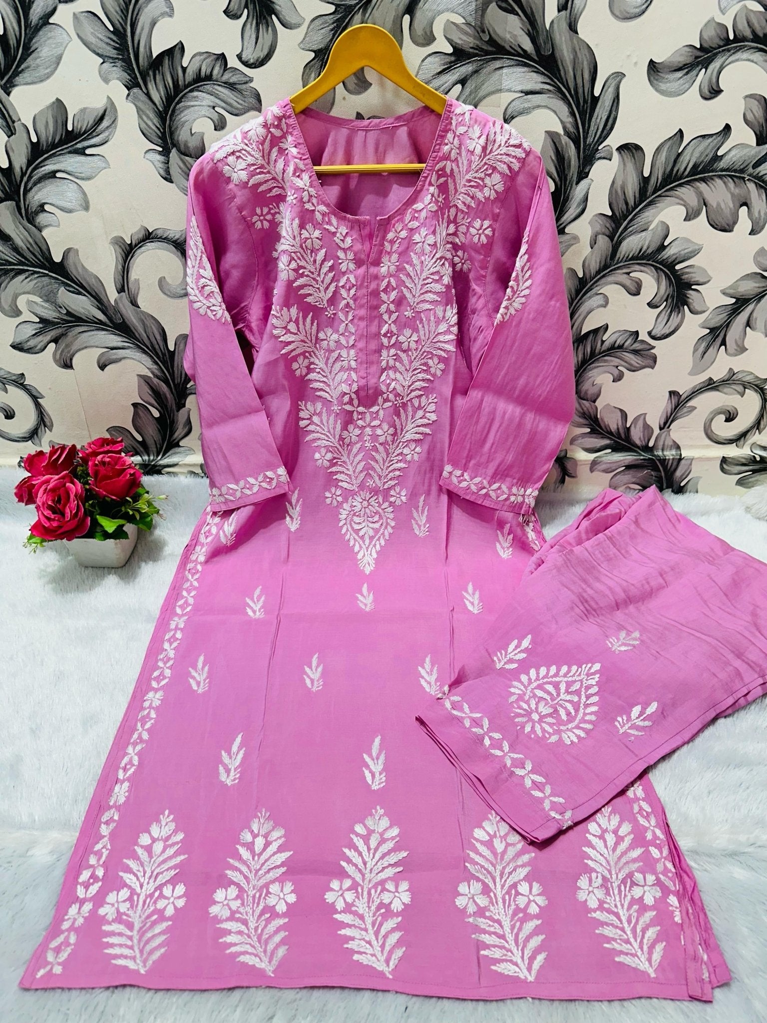Small Sizes Modal Silk Kurta And Plazzo - Chikankari official