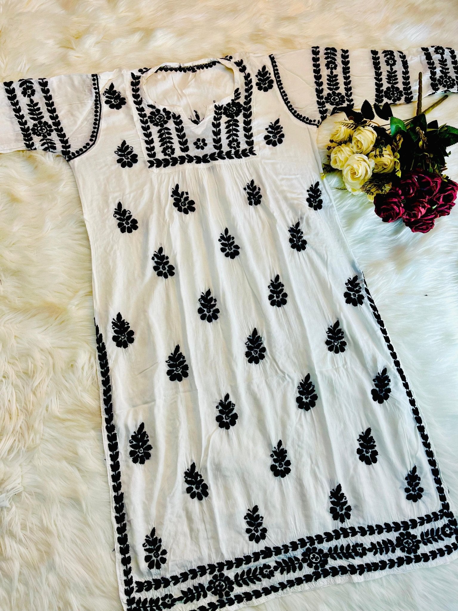 Soft and breazy heavy white and black modal set - Chikankari official