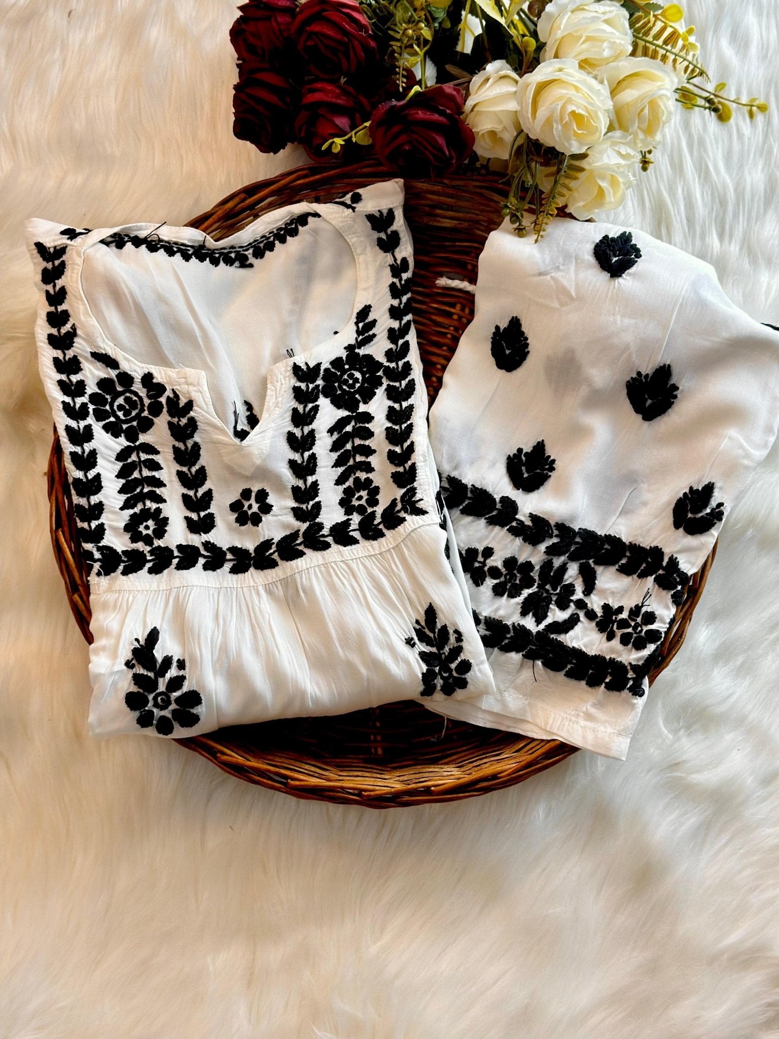 Soft and breazy heavy white and black modal set - Chikankari official