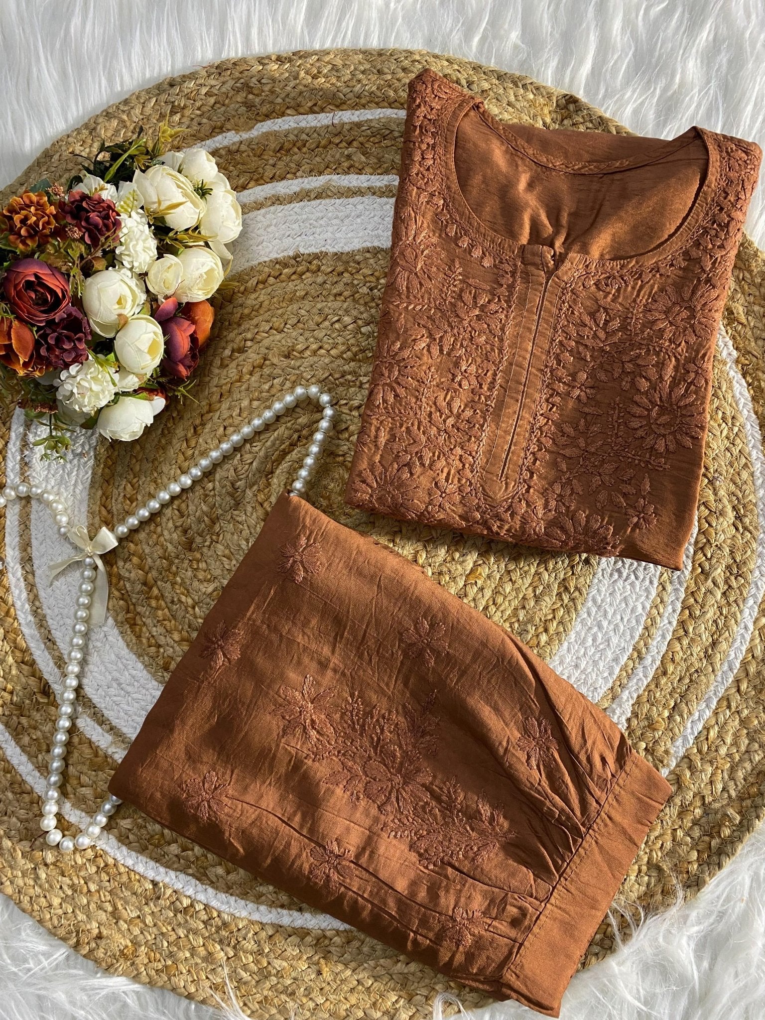 Soft, breathable & comfy — Chanderi Soft Fabric Kurti paired with stylish Afghani Salwar! - Chikankari official