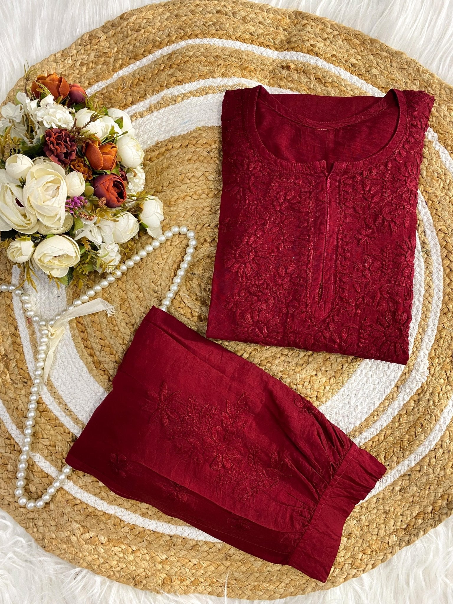Soft, breathable & comfy — Chanderi Soft Fabric Kurti paired with stylish Afghani Salwar! - Chikankari official