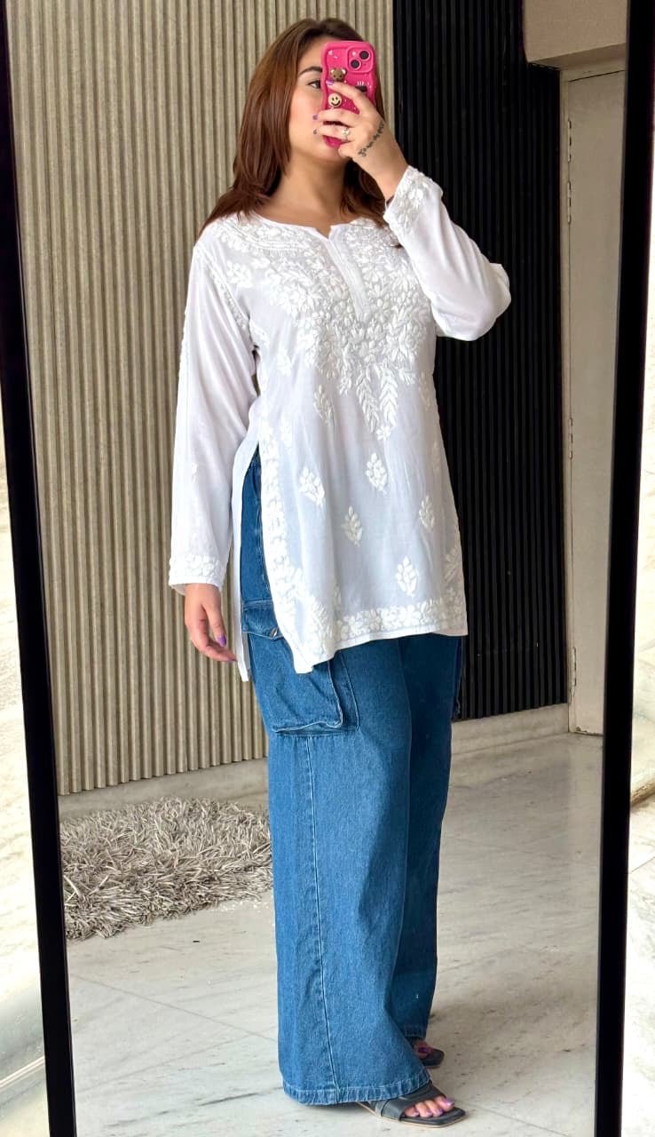 Soft & Breezy Modal short Top whiee tee - Chikankari official