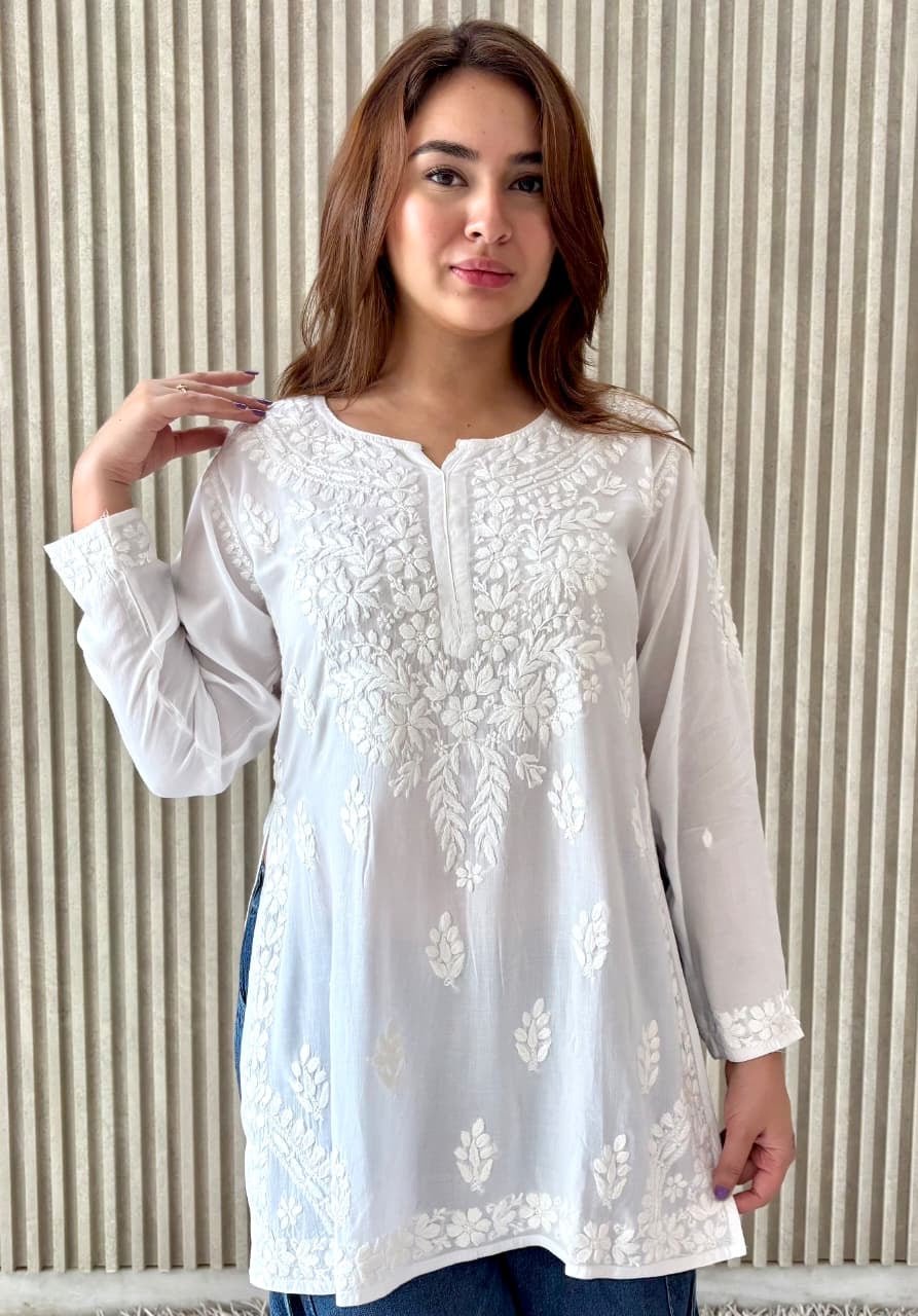 Soft & Breezy Modal short Top whiee tee - Chikankari official