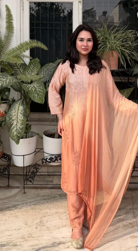Soft dyed chanderi Rangrez 3pc set - Chikankari official