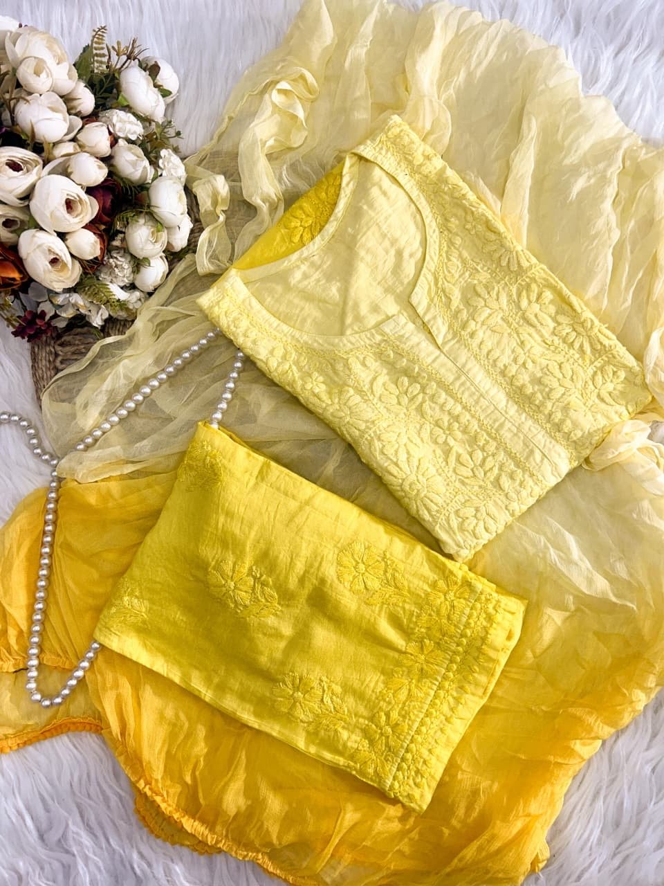 Soft dyed chanderi Rangrez 3pc set - Chikankari official