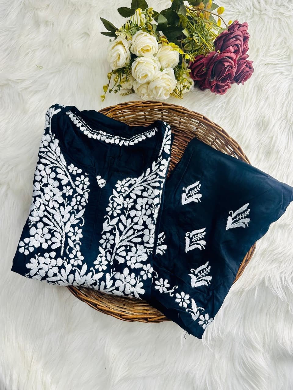 Soft Modal Black Base chikankari Set - Chikankari official
