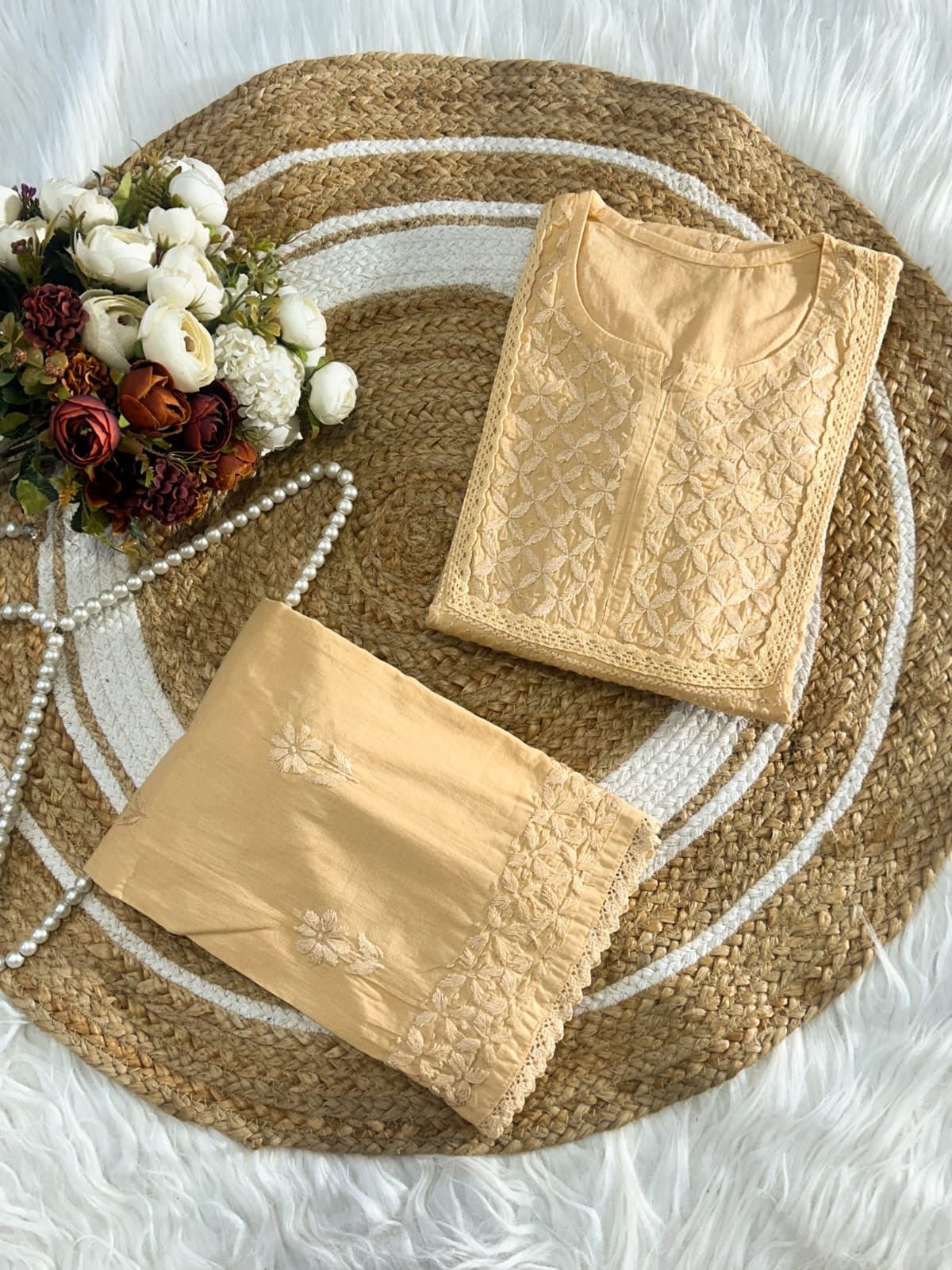 Soft Mul Mul co-ord set - Chikankari official