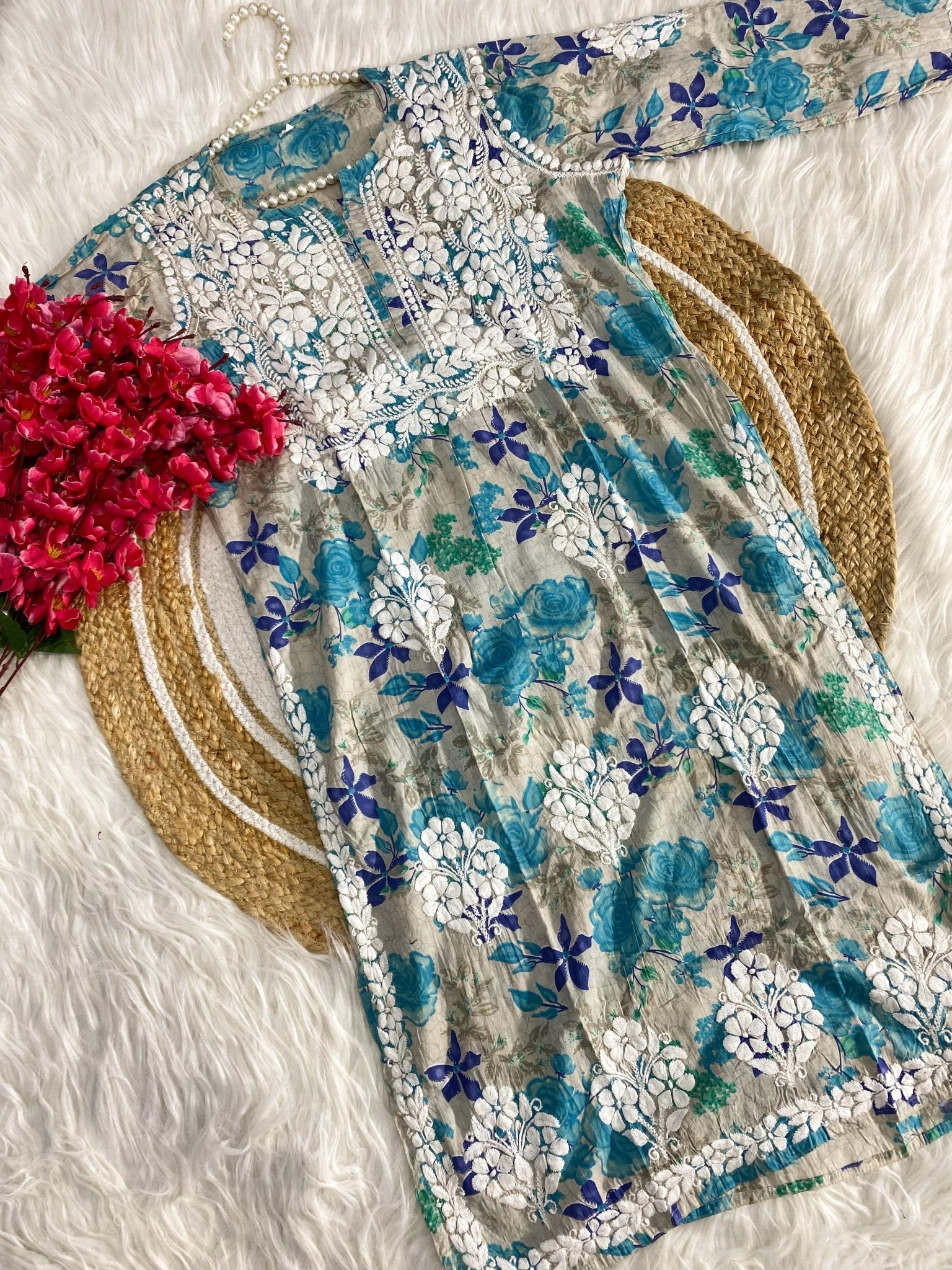 Soft Mul Mul Floral Print Gown - Chikankari official