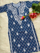Soft Mul Mul Long printed Chikan Kurta - Chikankari official