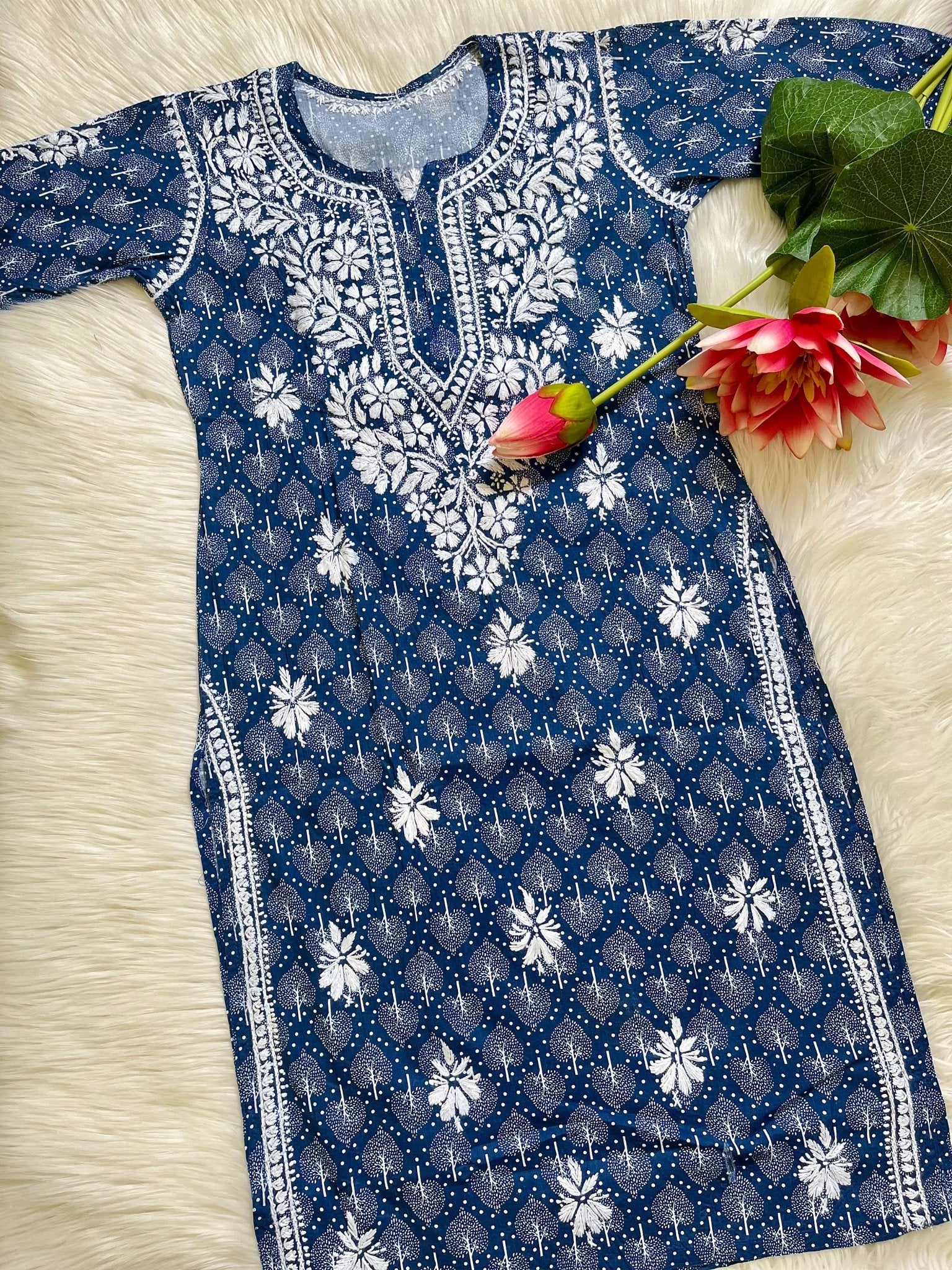 Soft Mul Mul Long printed Chikan Kurta - Chikankari official