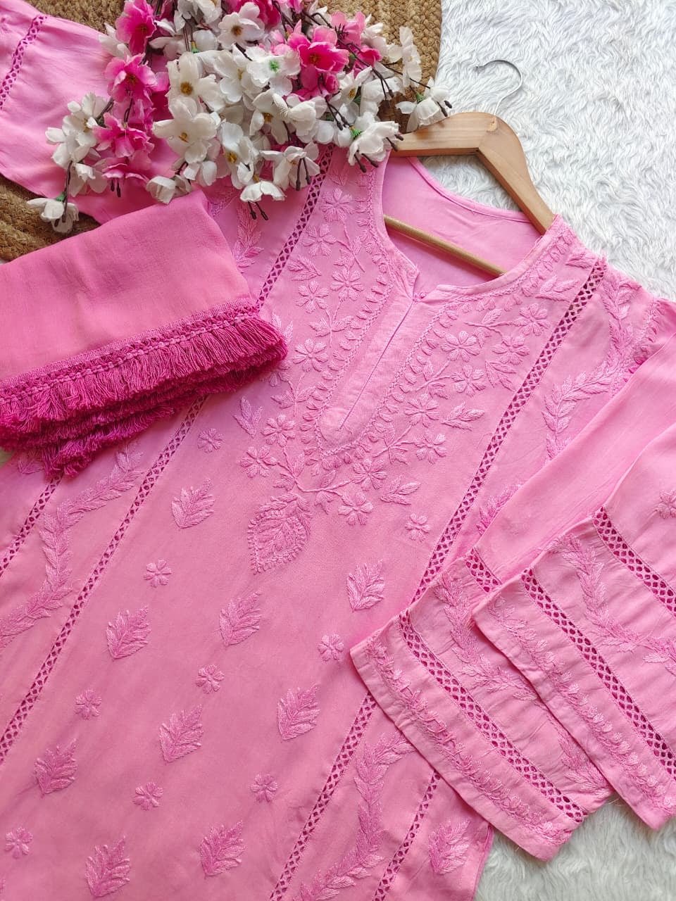 Soft Rayon designer 3pc Chikankari set
