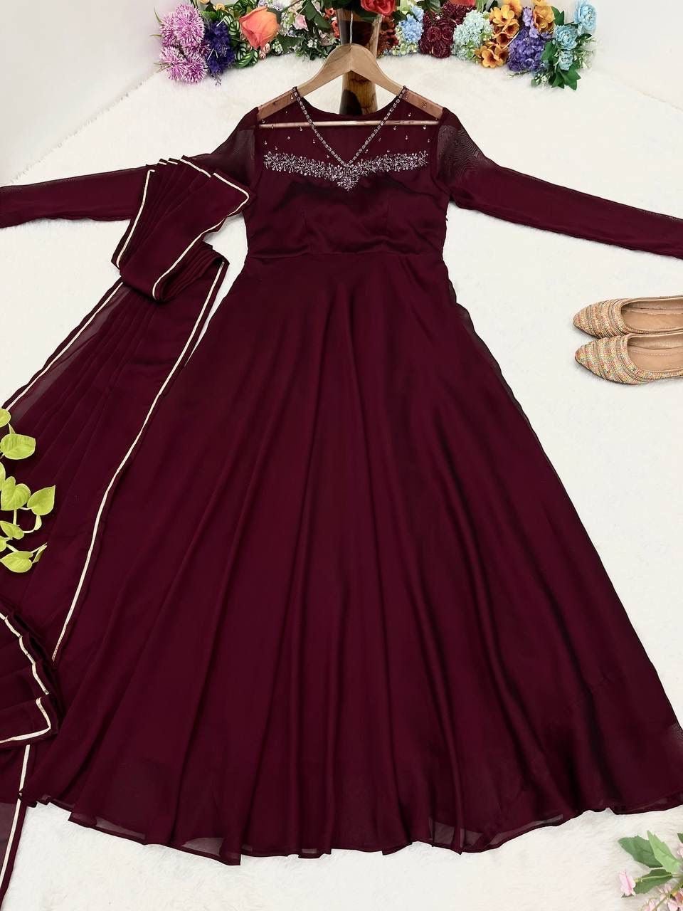 Special Party Wear Night Maroon Aliya Cut - Chikankari official