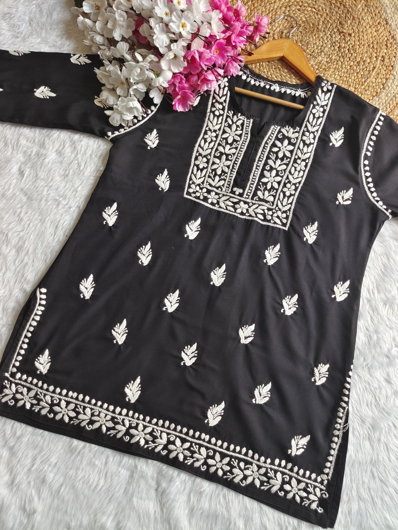 Square Neck Modal Short Top - Chikankari official
