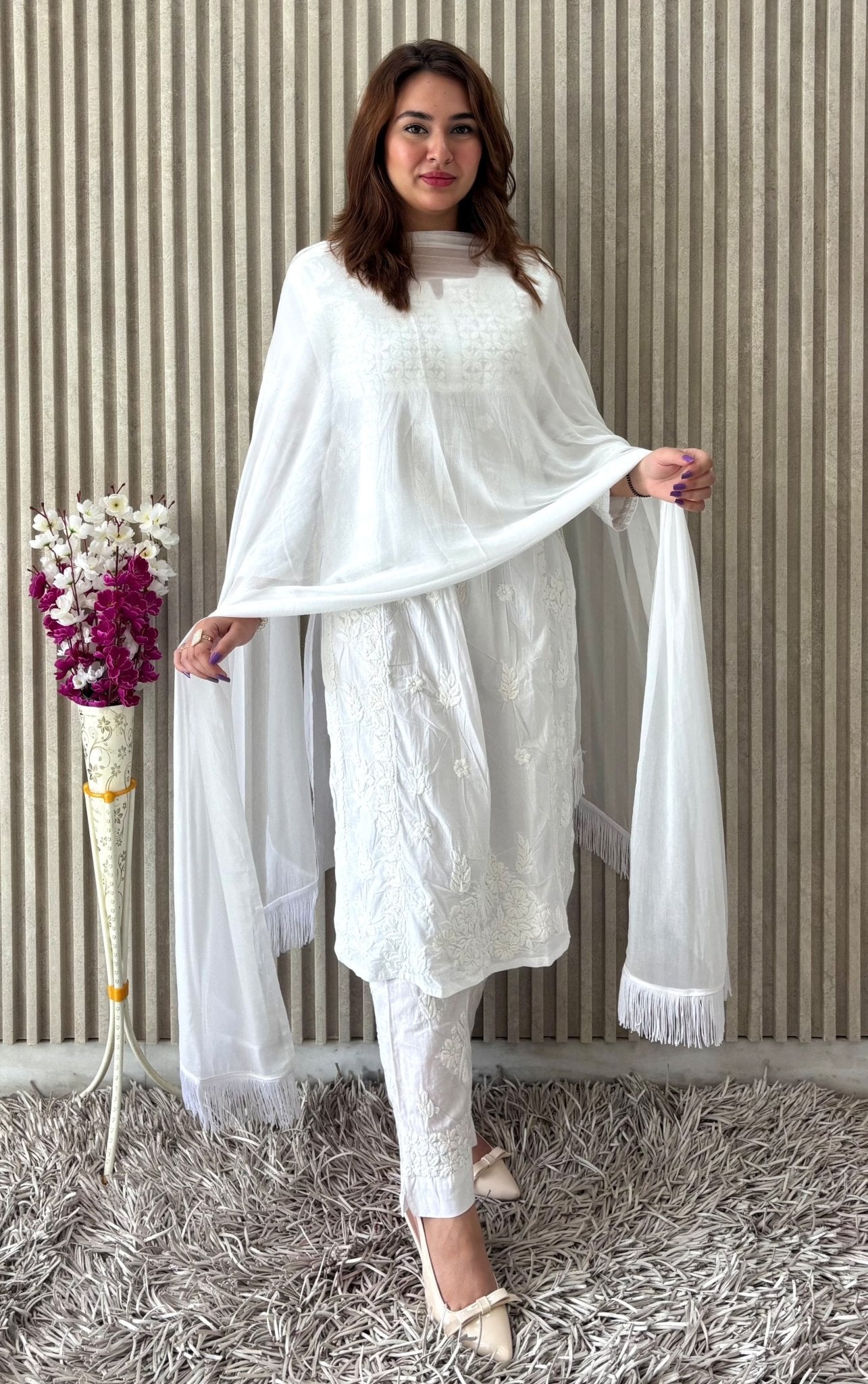 Stunning Premium 3pc White Designer Set - Chikankari official