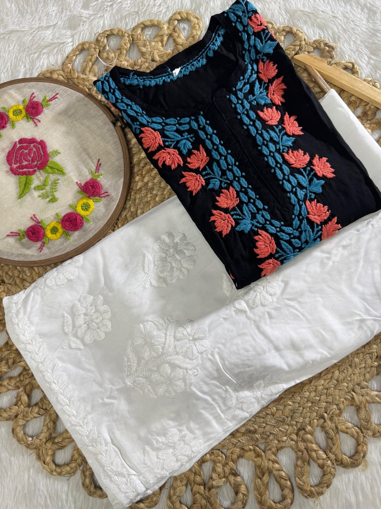 Thread work rayon Coloured Flowers Kurta - Chikankari official