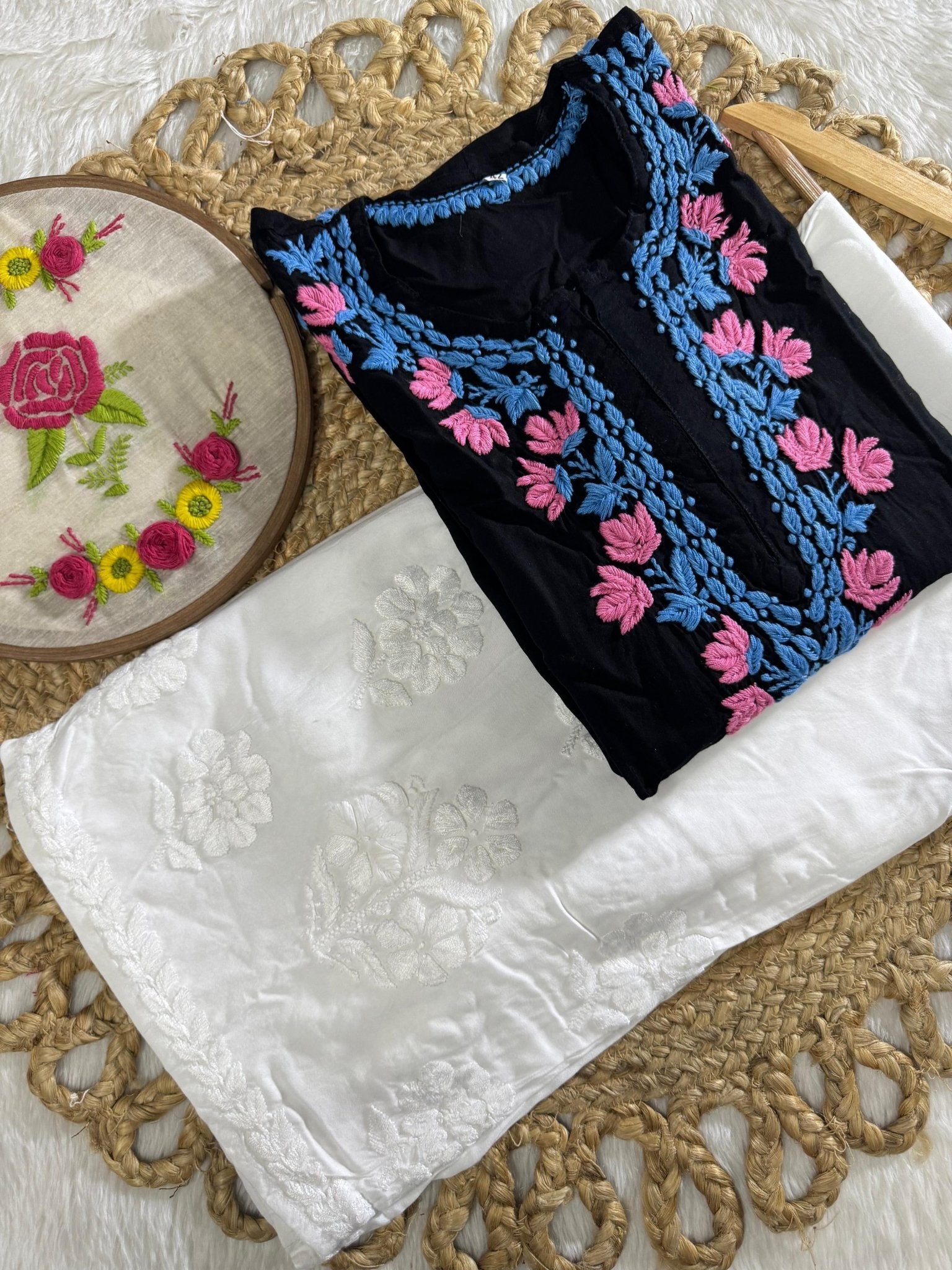 Thread work rayon Coloured Flowers Kurta - Chikankari official