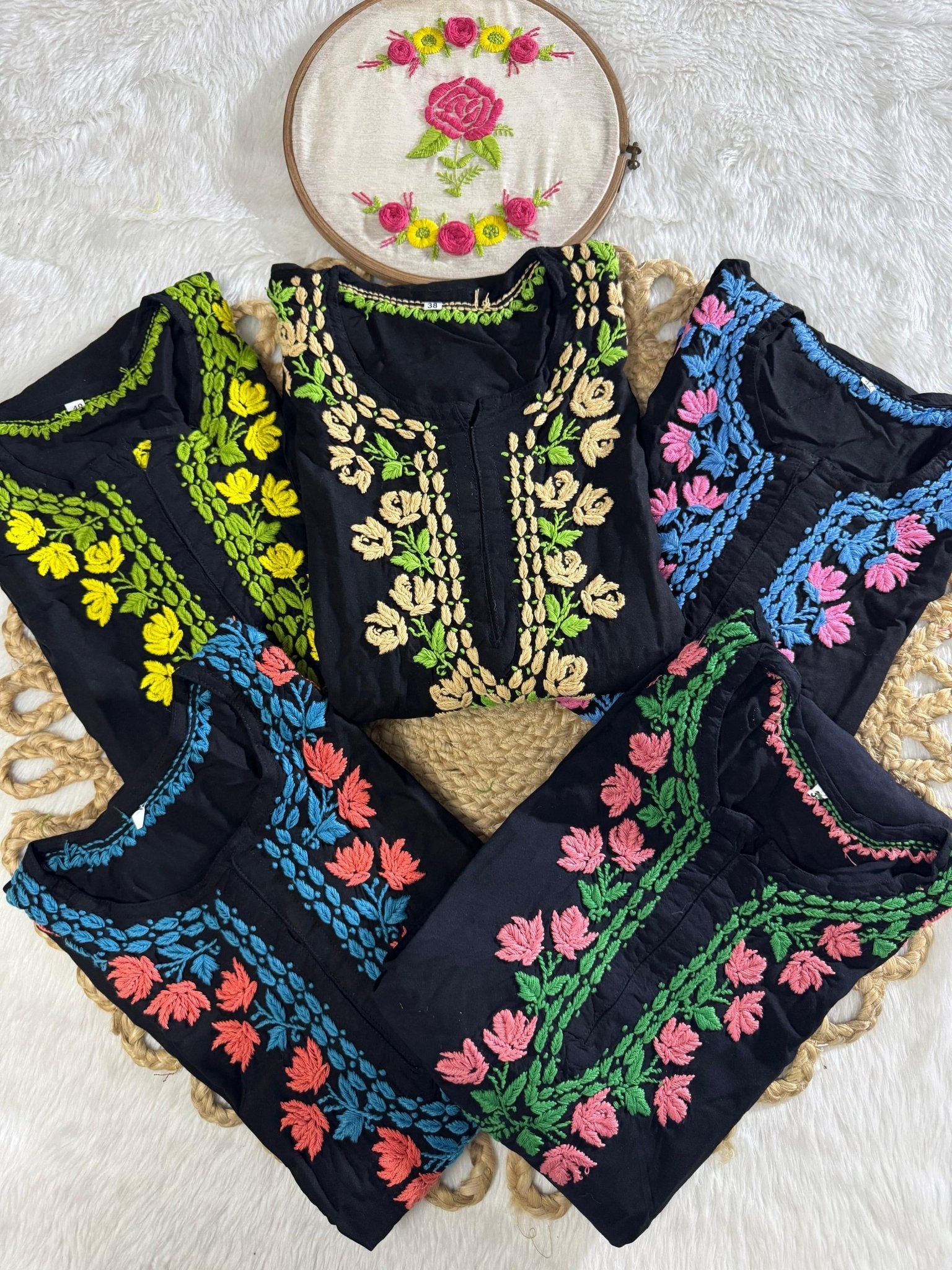 Thread work rayon Coloured Flowers Kurta - Chikankari official