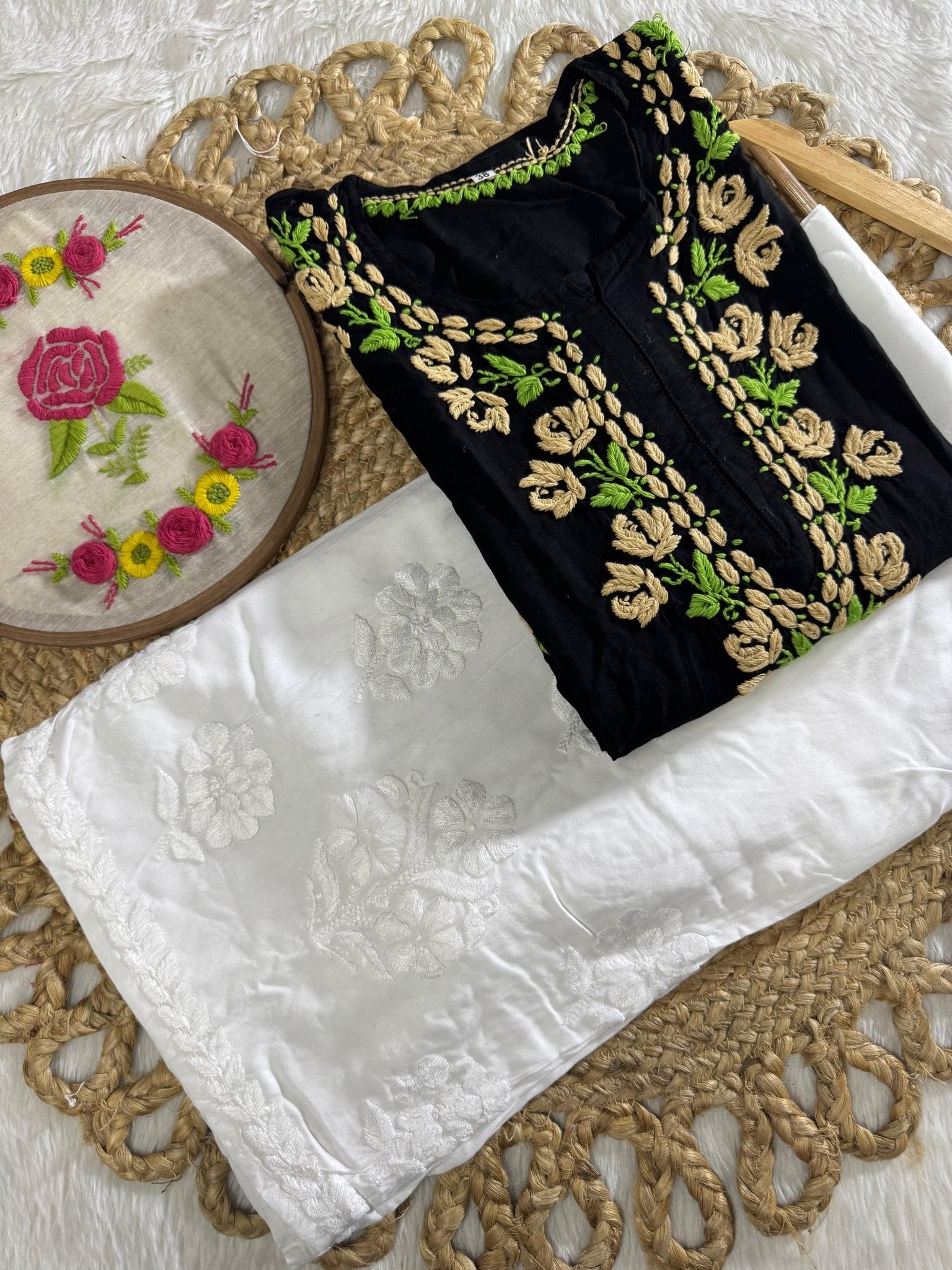 Thread work rayon Coloured Flowers Kurta - Chikankari official