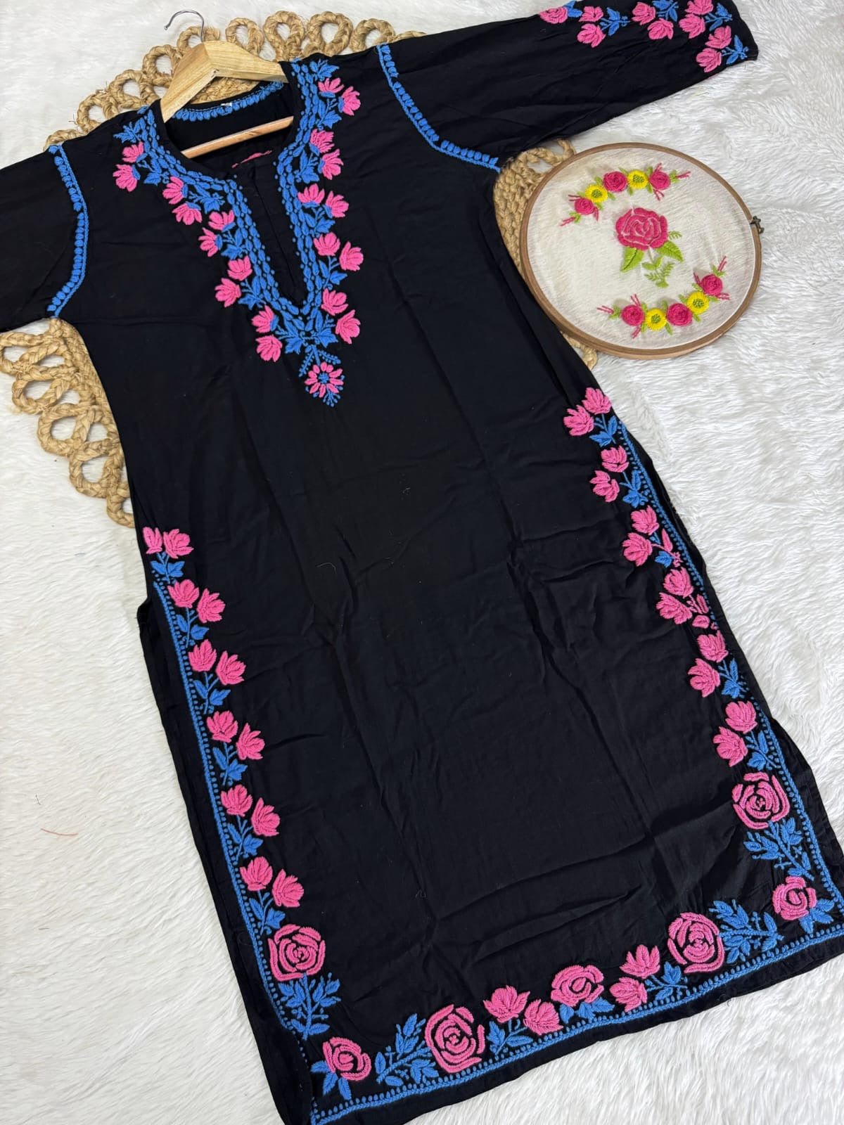 Thread work rayon Coloured Flowers Kurta - Chikankari official