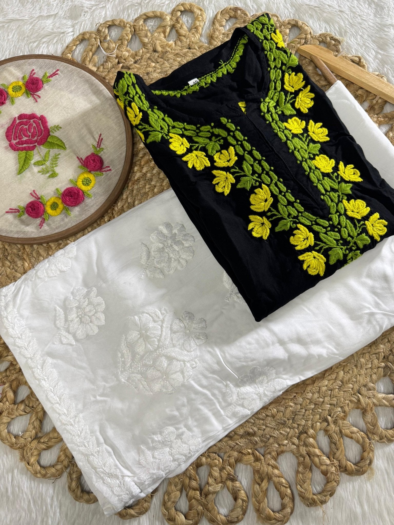 Thread work rayon Coloured Flowers Kurta - Chikankari official