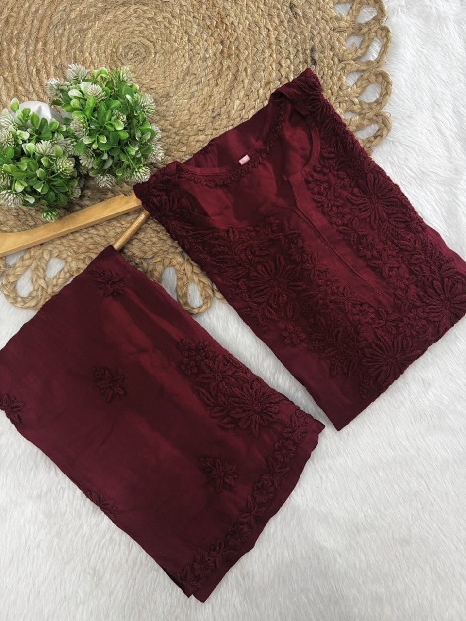Threadwork designer kurta and pant soft rayon - Chikankari official