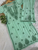 Threadwork designer kurta and pant soft rayon - Chikankari official