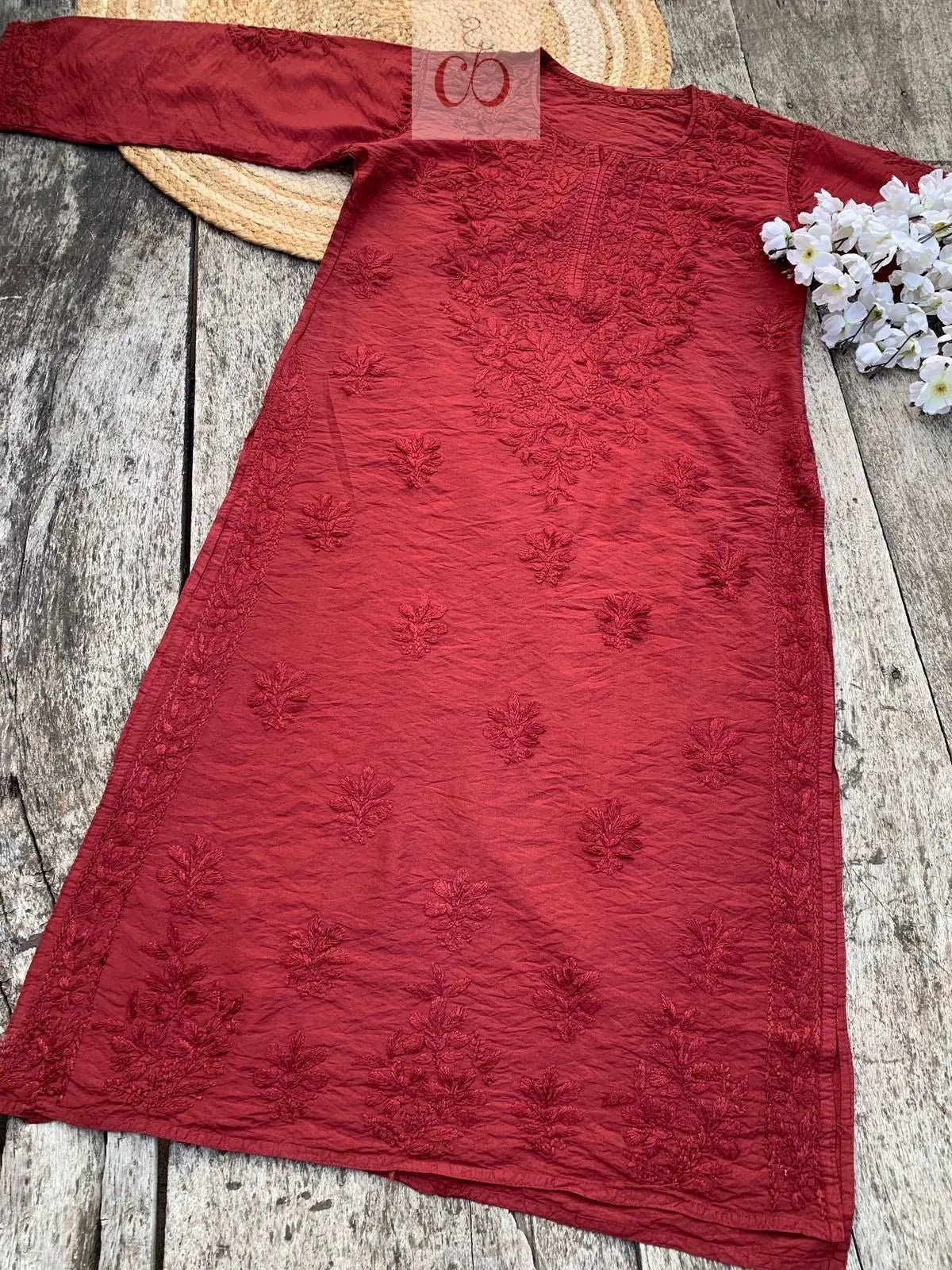 Tone to Tone Chanderi long Kurti - Chikankari official