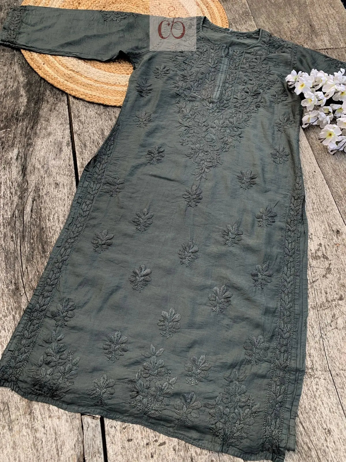 Tone to Tone Chanderi long Kurti - Chikankari official