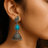 Turquoise Royale Jhumka Earrings – Antique Oxidized Elegance - Chikankari official