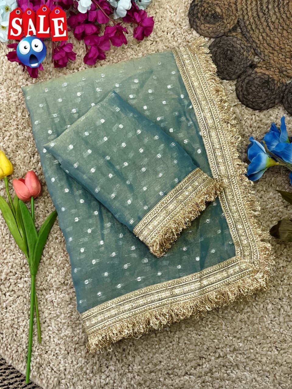 Ultra Soft Moss Fendy Chiffon Saree With Silver Jhari Weaving Buti - Chikankari official