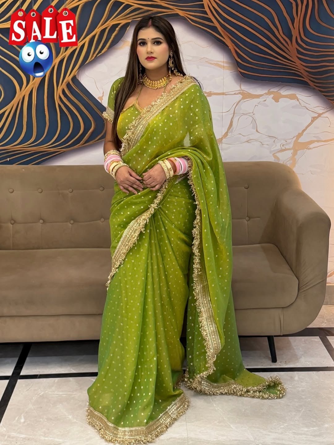 Ultra Soft Moss Fendy Chiffon Saree With Silver Jhari Weaving Buti