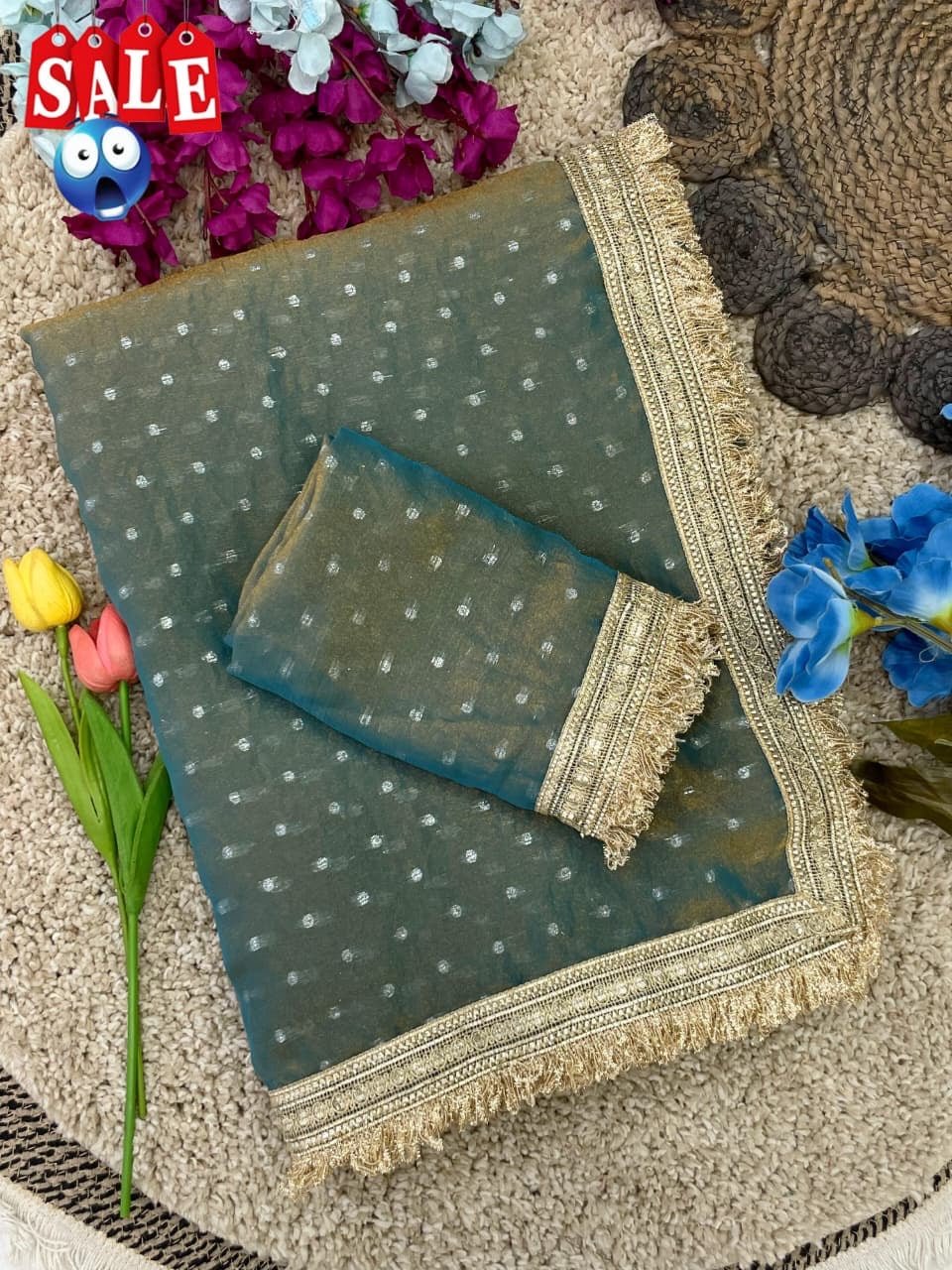 Ultra Soft Moss Fendy Chiffon Saree With Silver Jhari Weaving Buti - Chikankari official